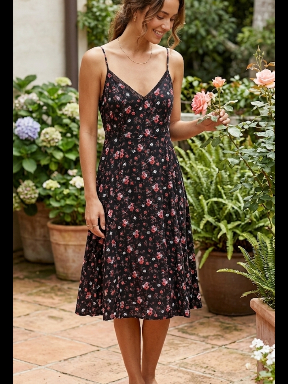 Floral V-Neck Spaghetti Strap Dress in Black with Pink Print
